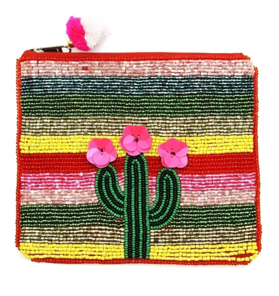 Bijorca Floral Cactus multi-colored seed bead coin purse  5"x 6"