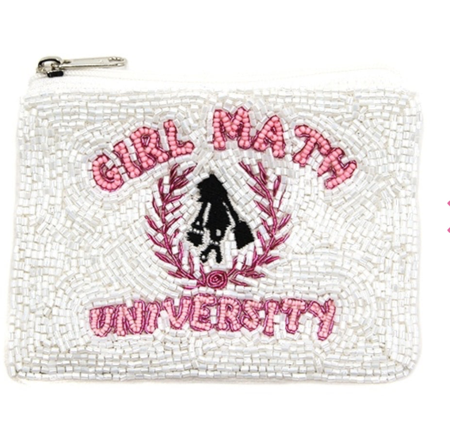 Girl Math University white pink seed bead coin purse  5"x 3.5"