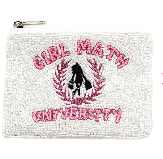 Girl Math University white pink seed bead coin purse  5"x 3.5"