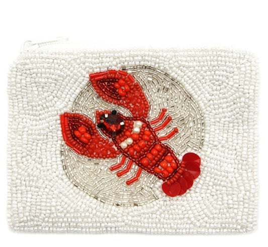 Lobster white red seed bead coin purse