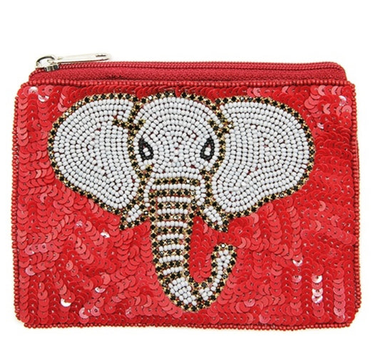 Elephant burgundy gray seed bead coin purse