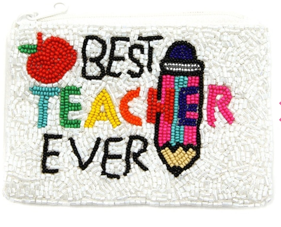 Best Teacher Ever multi-colored seed bead coin purse