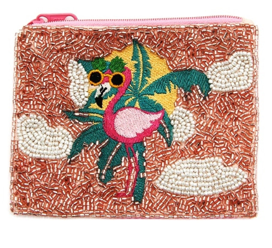 Flamingo pink seed bead coin purse  5"x 3.5"