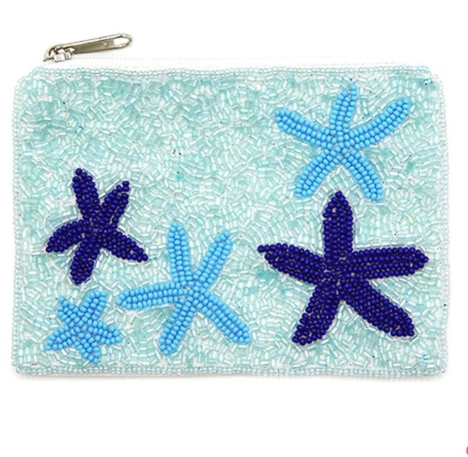 Star Fish aqua Blue seed bead coin purse