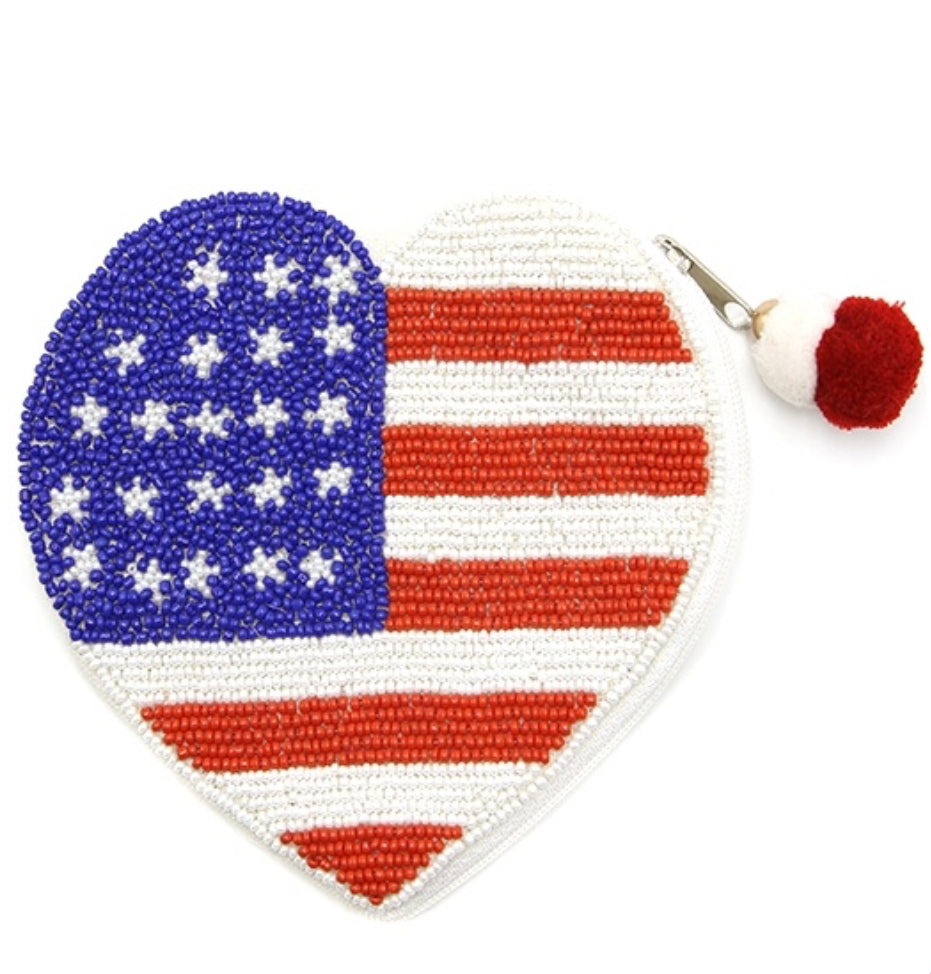 American Flag Heart red blue white seed bead coin purse