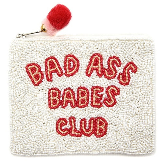 Bad Ass Babes Club white pink seed bead coin purse