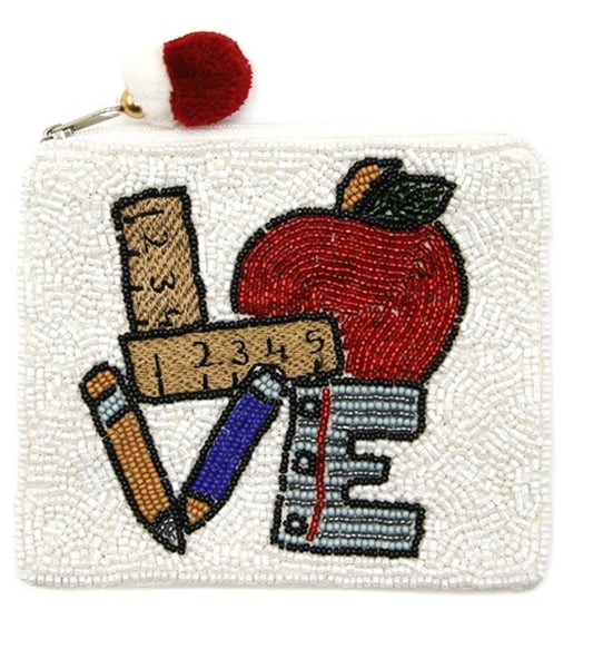 Love School Theme multi-colored seed bead coin purse