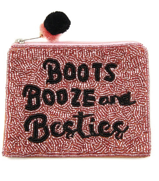 Boots Booze And Besties pink black seed bead coin purse