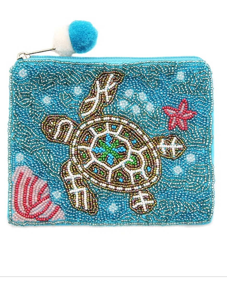 Sea Turtle turquoise seed bead coin purse