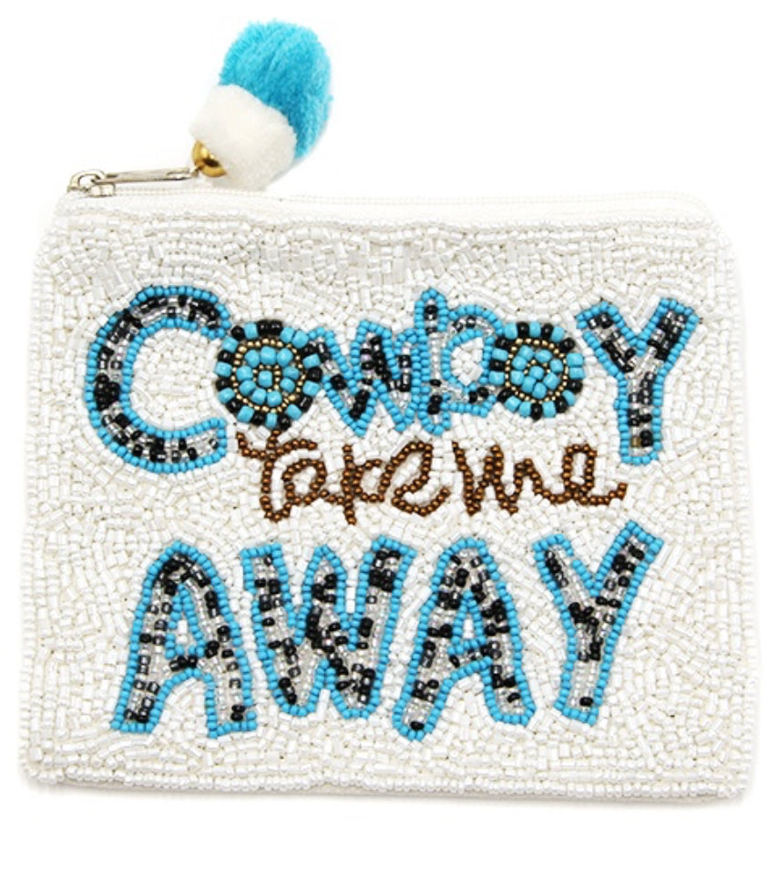 Cowboy Take Me Away white blue seed bead coin purse