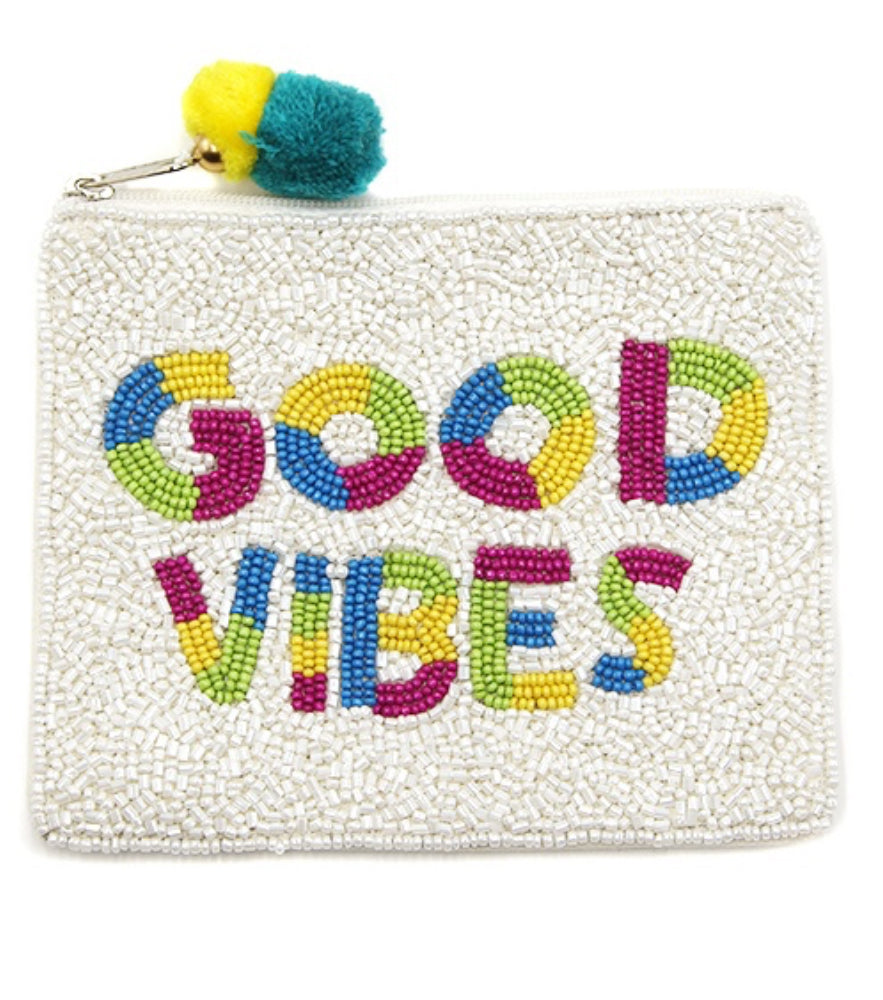 Good Vibes white multi-colored seed bead coin purse