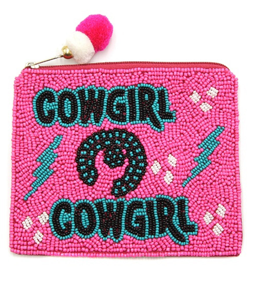 Cow Girl fuchsia turquoise seed bead coin purse