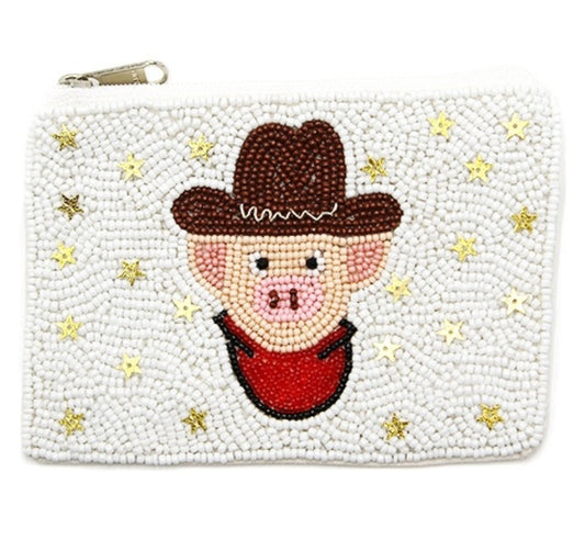 Cowboy Pig white seed bead coin purse