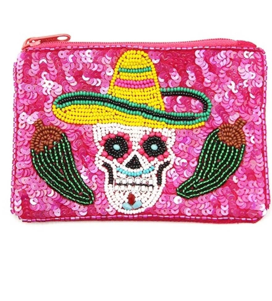 Sugar Skull fuchsia multi-colored seed bead coin purse