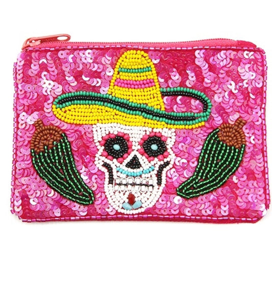 Sugar Skull fuchsia multi-colored seed bead coin purse