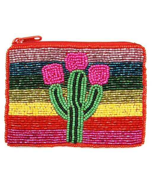 Floral Cactus multi-colored seed bead coin purse