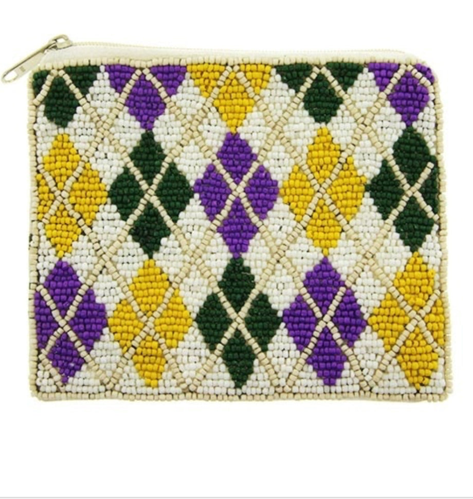 Plaid Mardi Gras seed bead coin purse