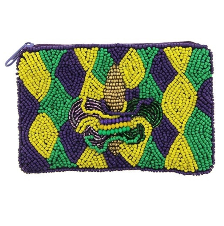 Mardi Gras Fleur De Lis purple multi-colored seed bead coin purse