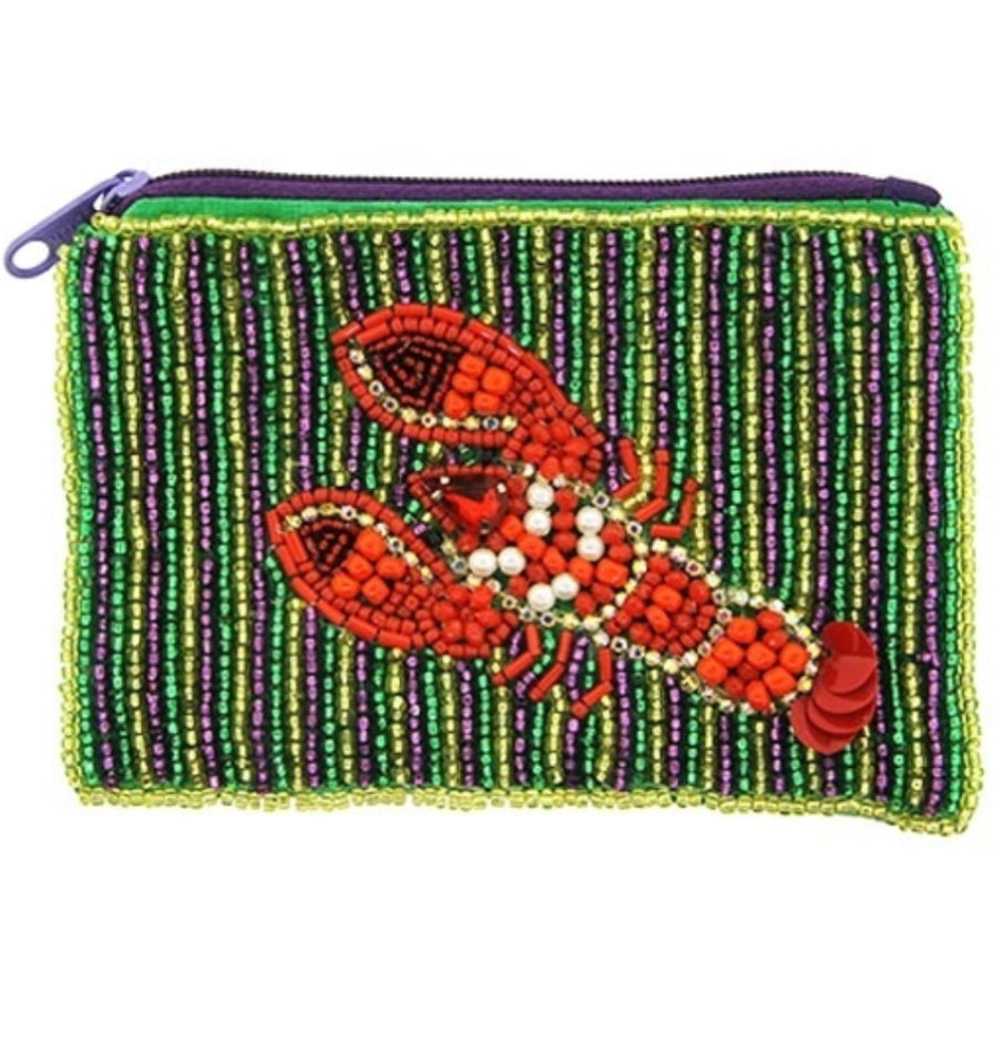 Crawfish Mardi Gras Multi Colored seed bead coin purse