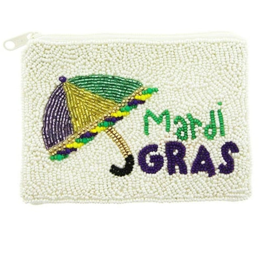 Mardi Gras Umbrella purple multi-Colored seed bead coin purse