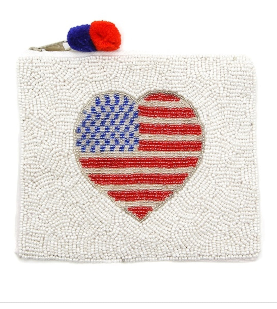 Flag Heart white multi-colored seed bead coin purse