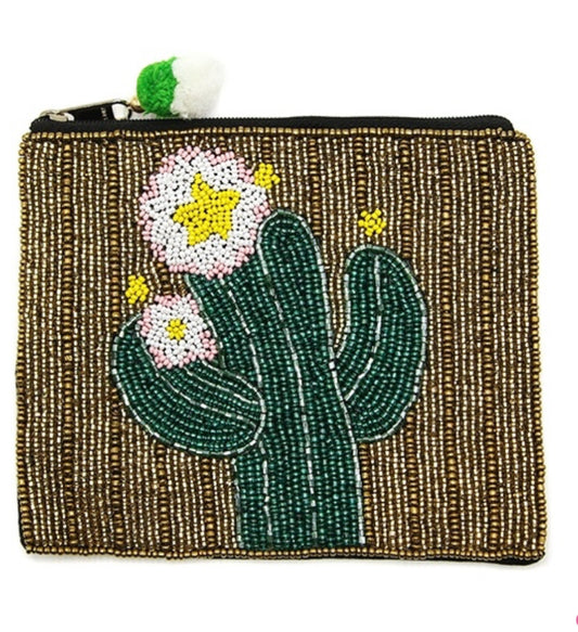 Floral Cactus multi-colored seed bead coin purse