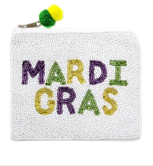 Mardi Gras white multi-colored Mardi Gras Seed Bead Coin Purse