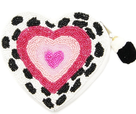 Cow Print Heart multi-colored seed bead coin purse