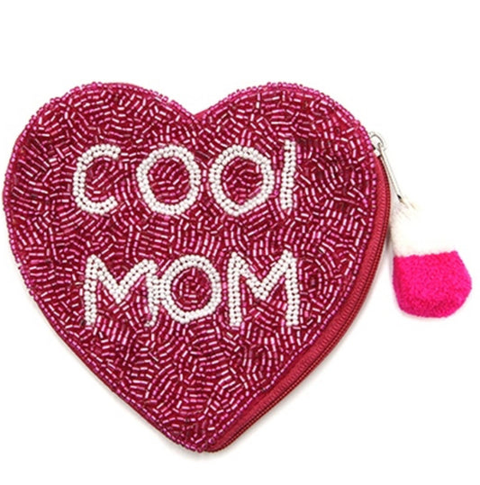 Cool Mom Heart fuchsia seed bead coin purse