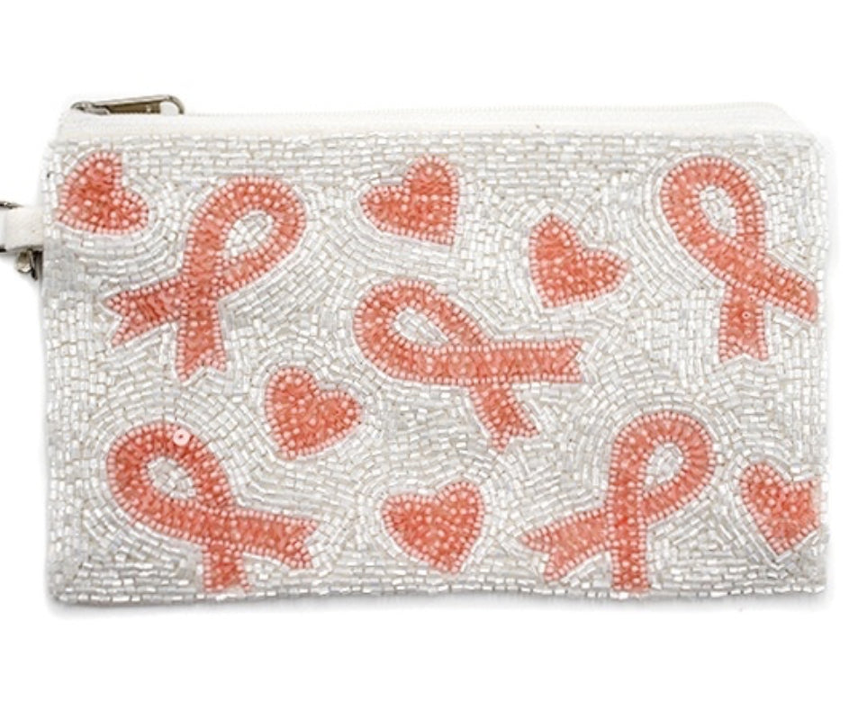 Seed bead Clutch Viola Ribbon Heart white pink