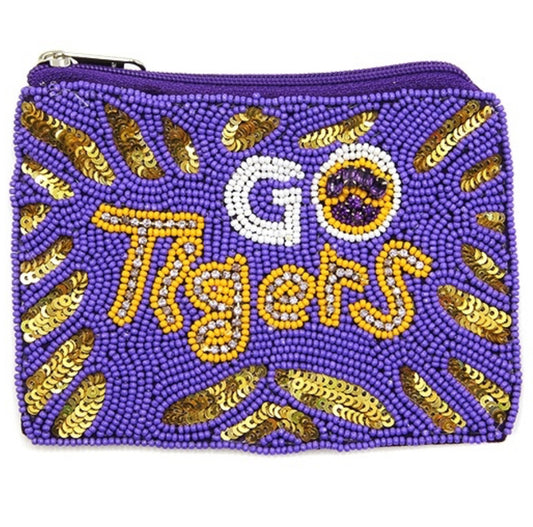 Go Tigers purple yellow seed bead